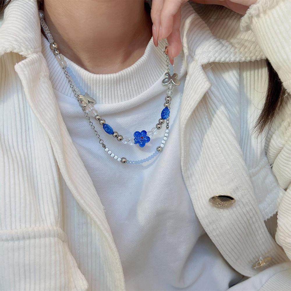 Mxbeauty Kalung Wanita Untuk Anak Perempuan Vintage Biru Liontin Manik-Manik Double Layer Leher Perhiasan
