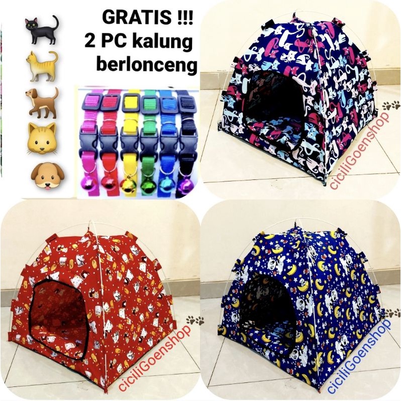 GRATIS 2 KALUNG N BANTAL TENDA MOTIF CANTIK kitten Kucing anjing gratis Alas Kasur n 2 kalung lonceng pet kandang tent portable praktis lipat