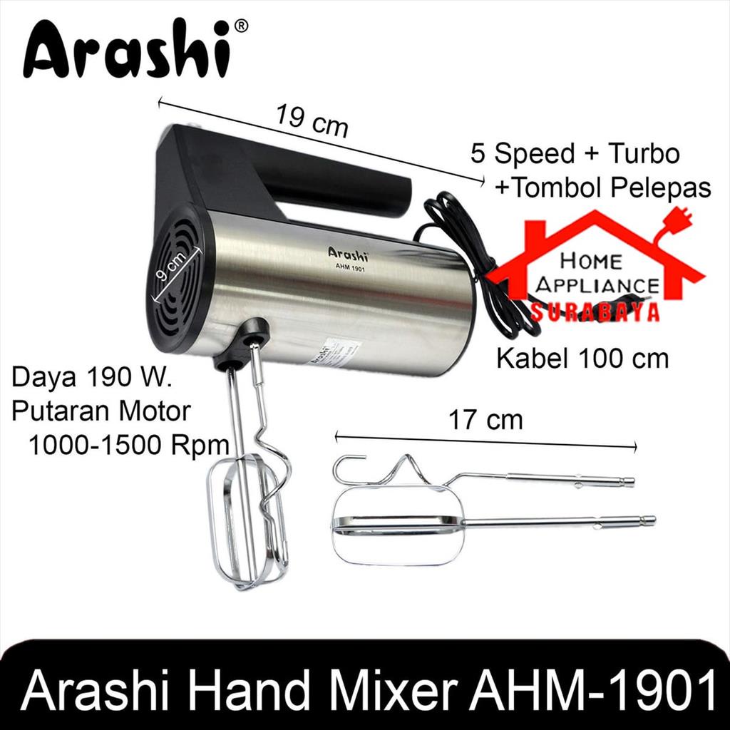 Arashi Hand Mixer Tangan Body Stainless Steel 5 Speed + Turbo 190 Watt AHM 1901