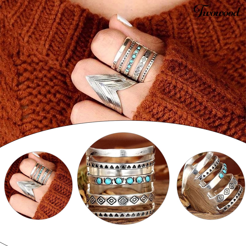 Twowood Multilayer Wide Turquoise Decor Women Ring Symbols Pattern Hollow Bohomia Joint Ring Jewelry Accessaries