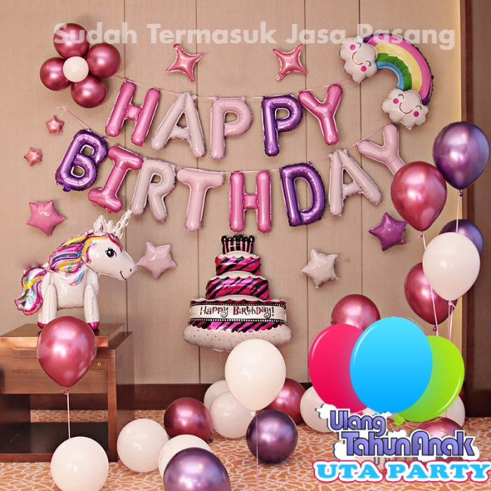 Dekorasi + Jasa Pasang SET Balon Foil Birthday Unicorn Chrome | Dekorasi Ulang Tahun Anak