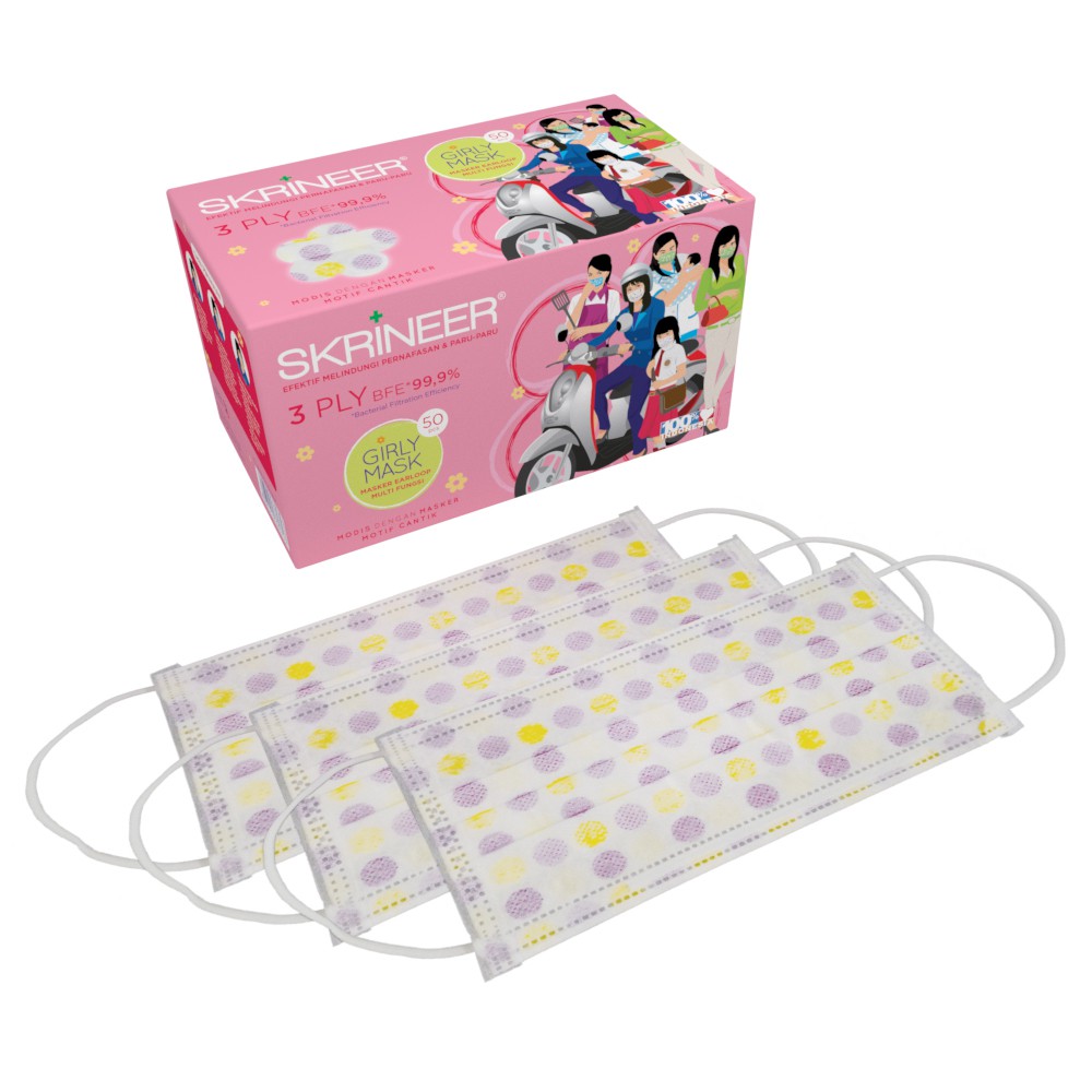 Skrineer Girly Mask 3 lapis isi 50 Earloop Motif-Polkadot