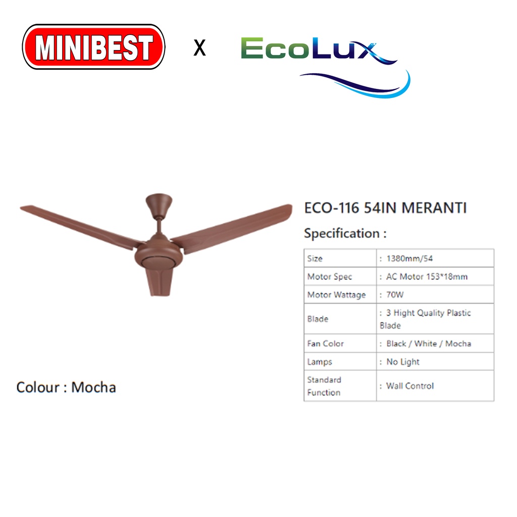 KIPAS ANGIN ECOLUX ECO-116 MERANTI 54IN - KIPAS BALING - KIPAS PLAFON - KIPAS HIAS - KIPAS DECORASI