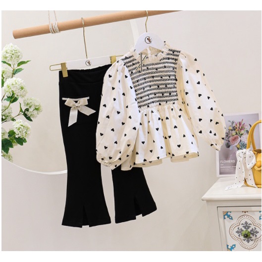 SETELAN ANAK CEWEK CELANA IMPORT -  BAJU LOVE CELANA HITAM 2 PITA
