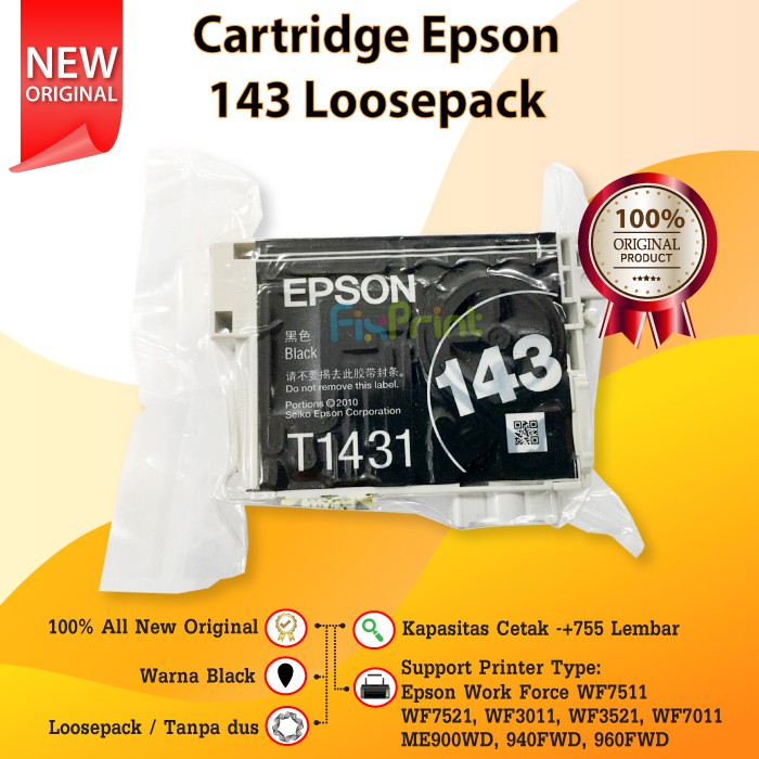 Cartridge Original Loosepack Epson 143 T143 Printer WF7511 WF7521 WF3011 WF3521 WF7011 ME900WD 940FW