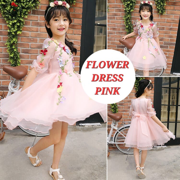 BAJUKIDDIE FLOWER DRESS GAUN BUNGA ANAK CEWEK ALA KOREA FASHION IMPORT CASUAL PUTIH PINK BIRU