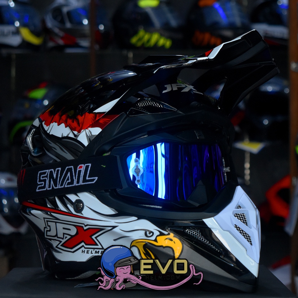 HELM JPX CROSS_FOX1 SERI X39 BLACK GLOSSY SUPERBLACK + GOOGLE SNAIL (ONGKIR 2 KG), PAKET GOOGLE SNAIL ORIGINAL - HELM JPX CROSS PAKET GANTENG JPX FOX1 CROSS HELM JPX TERBARU-MX36 MATT BLACK/BLUE