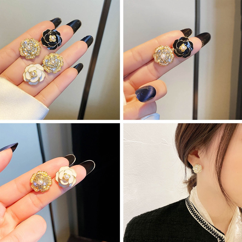 Anting Stud Hias Mutiara Bunga Kamelia Kecil Gaya Retro Korea Untuk Musim Gugur Dan Musim Dingin