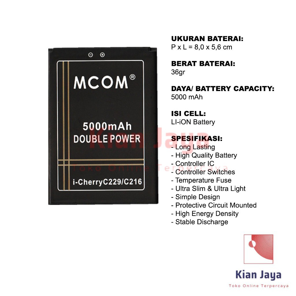 MCOM Baterai Hp Icherry C216 Pro C229 Jupiter Original Double Power Batre Batrai Battery i cherry