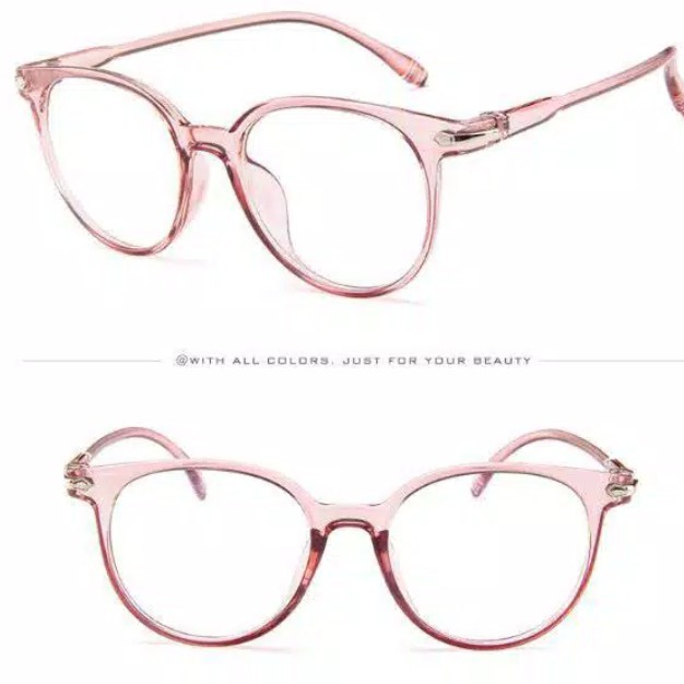 Kacamata Bening Transparan Wanita Frame Oval Warna Pink dan Hitam Anti Radiasi Nyaman Dipakai