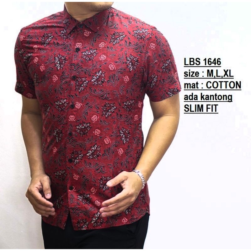 KEMEJA BATIK PRIA SLIM FIT LENGAN PENDEK ORIGINAL ODZA  WARNA MERAH IMLEK OS233