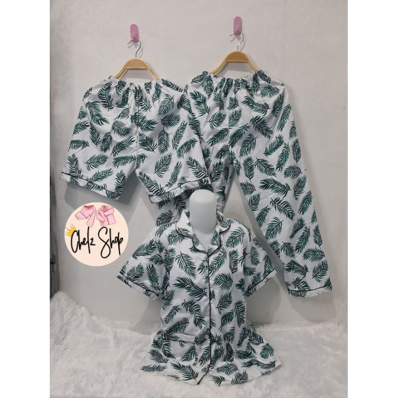 Baju Tidur Piyama Wanita Cewek Pajamas Dewasa Katun Motif Daun 3 in 1