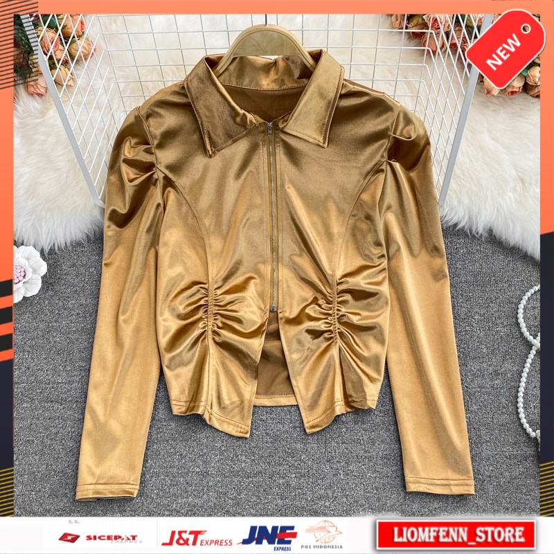 Blouse Wanita Korean Style Gold/Black Satin Zipper Blouse Women Vintage Turn-Down Collar Long Sleeve