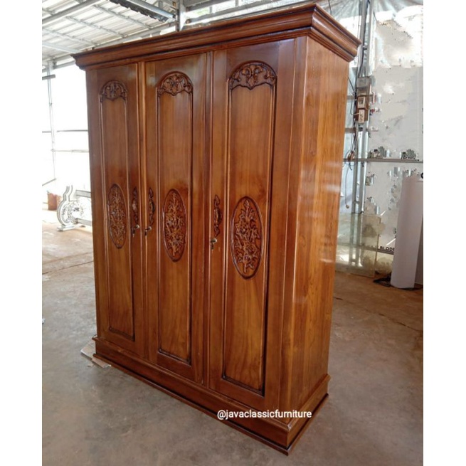 LEMARI PAKAIAN RAHWANA PELURU PINTU 3 BAHAN KAYU JATI GRADE A ALMARI KABINET TEMPAT MENYIMPAN BAJU FINISHING NATURAL GLOSS FURNITURE JEPARA-2
