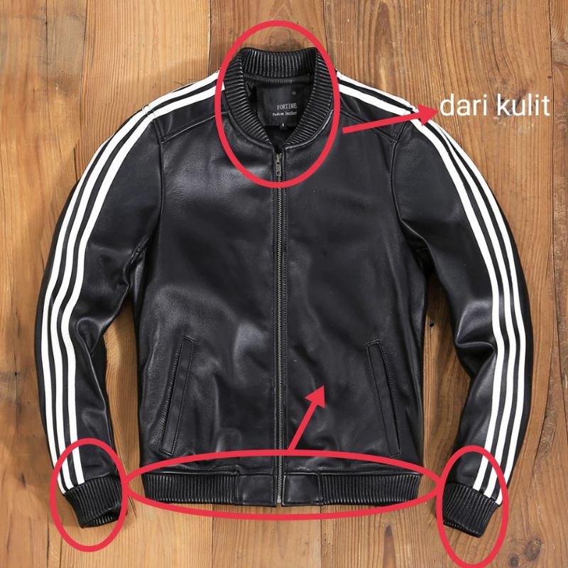 JAKET BOMBER DARI KULIT ASLI DOMBA SUPER ORIGINAL | TANGAN STRIP PUTIH DAN UJUNG TANGAN DAN KERAH MO