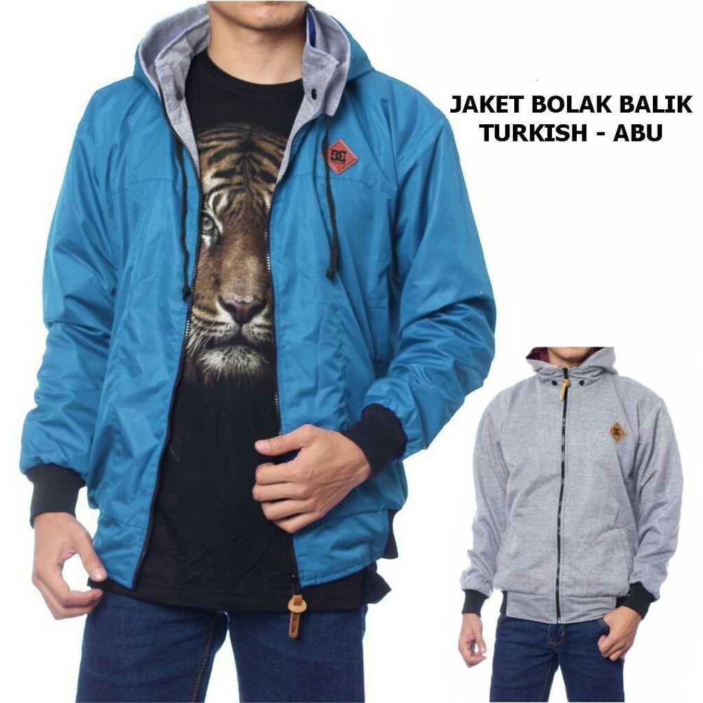 JAKET BOLAK BALIK PRIA BB 2in1 PARASUT ANTI AIR FLEECE SIZE M L XL-TURKIS ABU