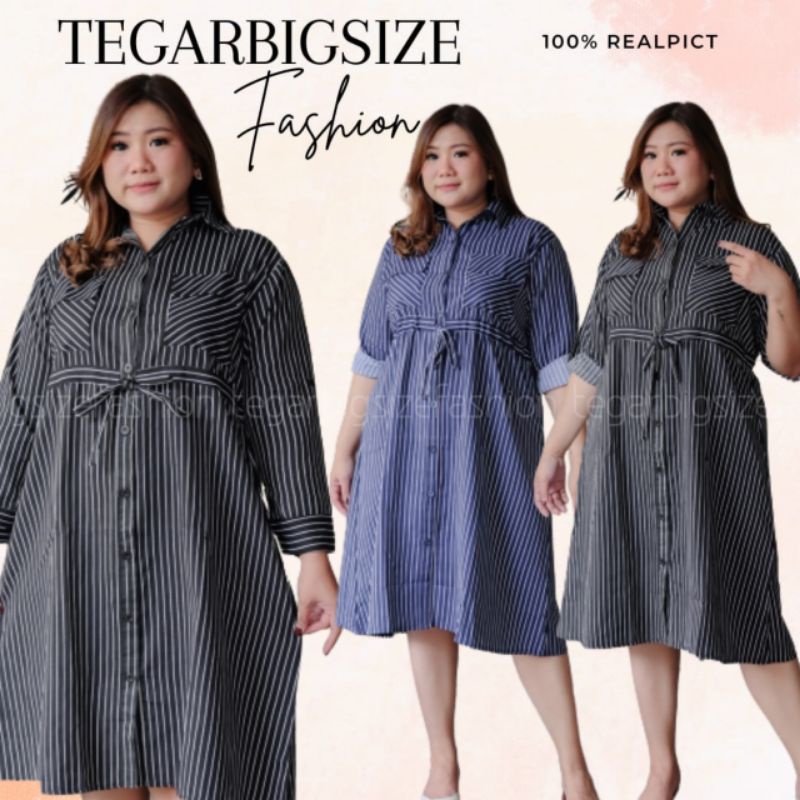 Dress Wanita Jumbo Lengan Panjang Bahan Katun Motif Garis Garis Long  Tunik Oversize LD 120  Busui  