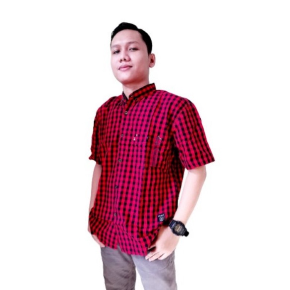 kemeja pria dewasa kotak merah , kemeja premium dewasa lengan pendek , kemeja lengan pendek