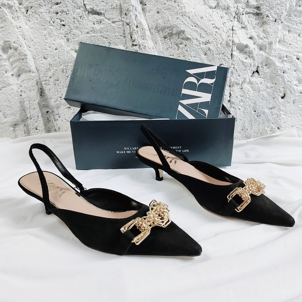 ZR Suede Slingback Kitten Heels with Chain 231