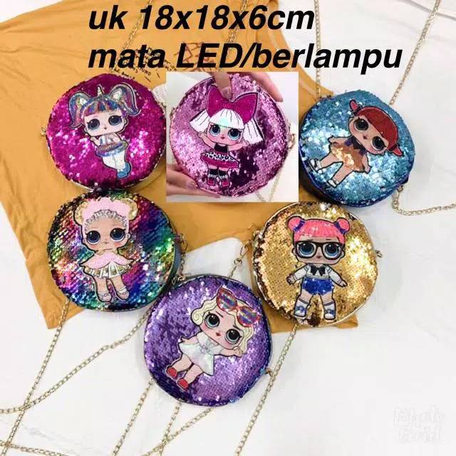 Tas Selempang Sequin anak model LOL mata LED/ berlampu super cute bisa COUPLE dengan ibu