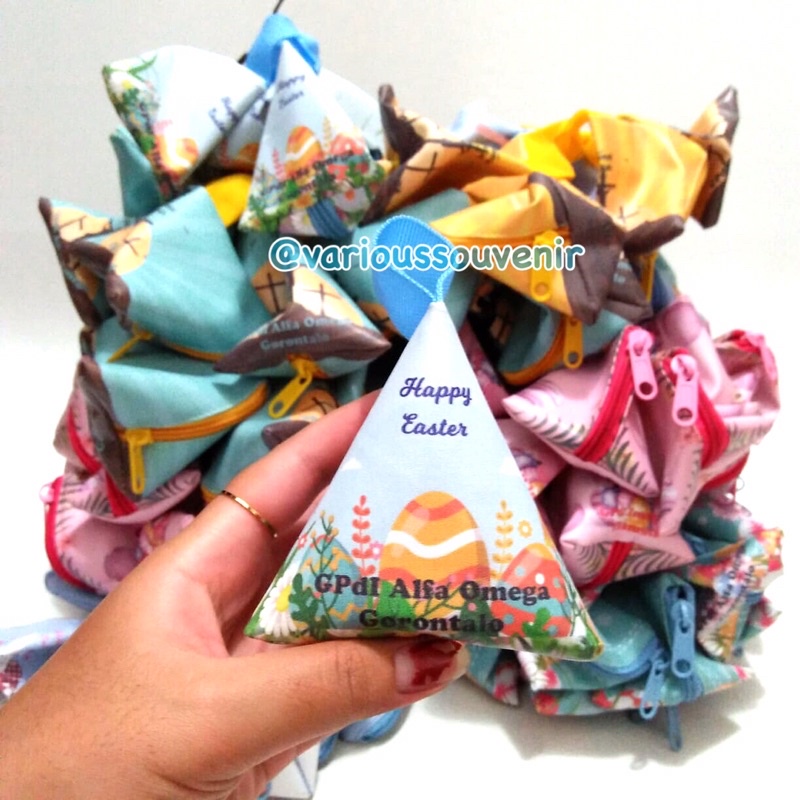 Souvenir Paskah Dompet Segitiga Wadah Telur Paskah Happy Easter Custom Nama Gereja Minim 25pcs Lucu