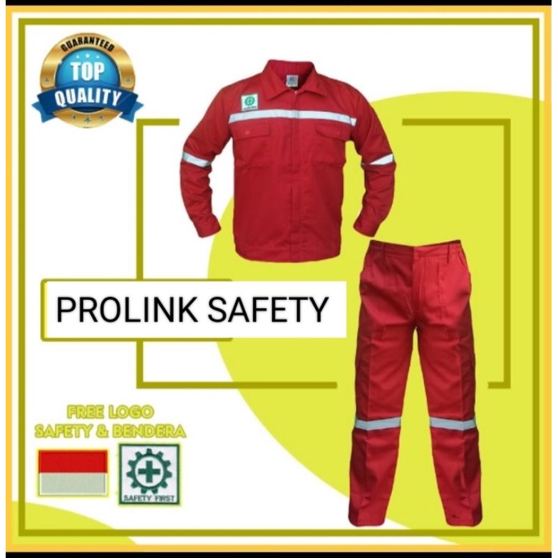 SETELAN SERAGAM SAFETY MERAH PREMIUM KANCING DAN RESLETING