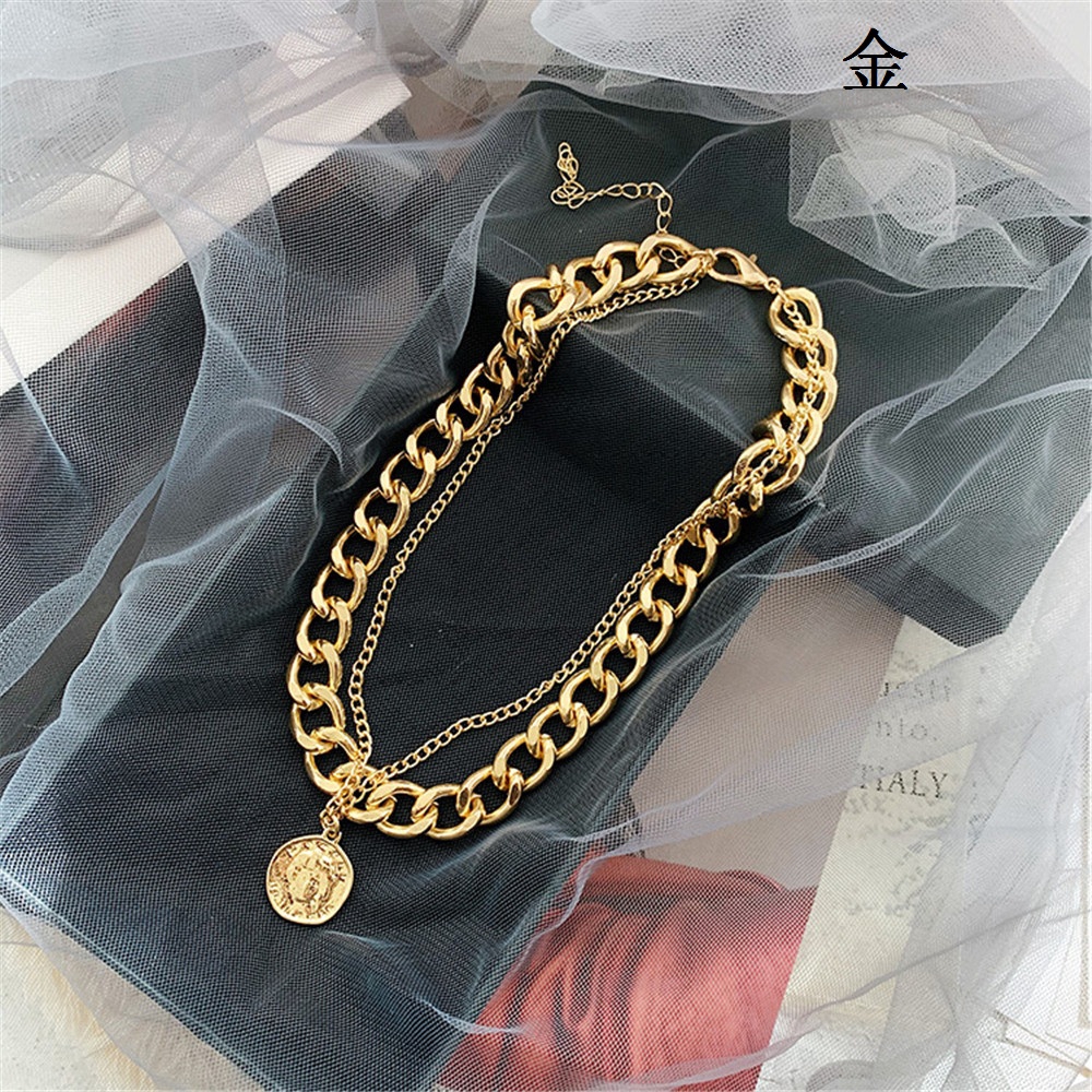 【COD Tangding】2 In 1 Double Personality Hip-hop Necklace Retro Portrait Exaggerated Thick Chain Short Clavicle Necklace