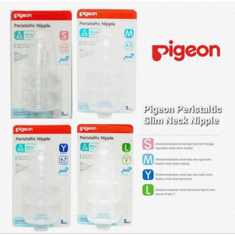 Pigeon Peristaltic Slim Neck Nipple Isi 3 Pcs - Dot Botol Susu