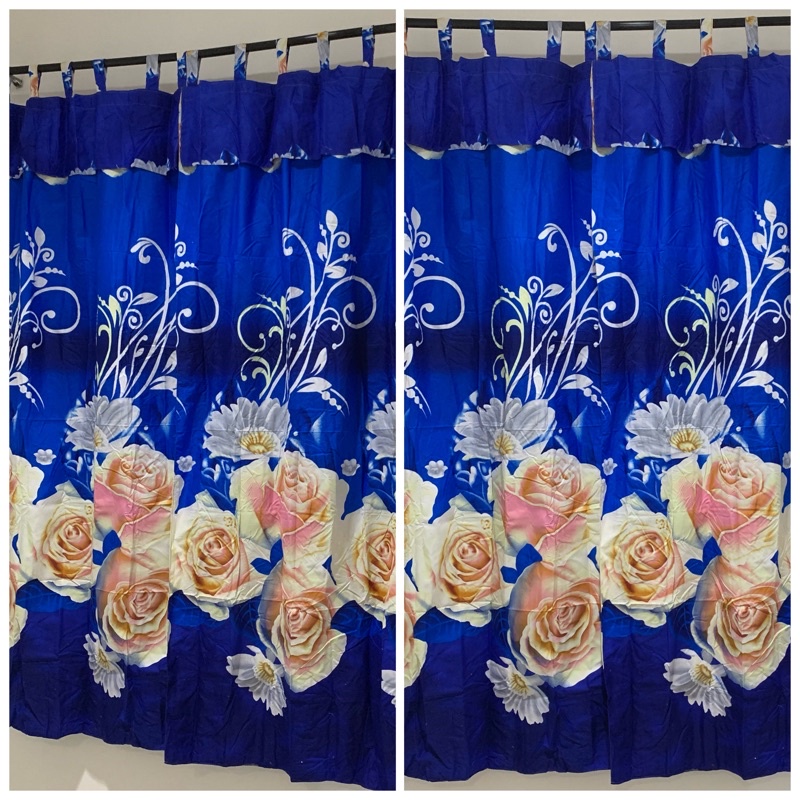 [ PINTU DAN JENDELA ] GORDEN TALI + PONI MOTIF BUNGA MAWAR CREAM DASAR BIRU