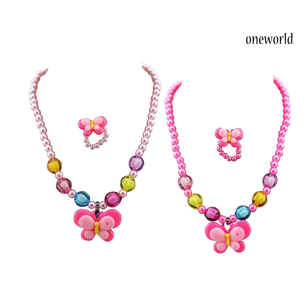 OW@ 3Pcs Girls Yellow Duck Butterfly Candy Bead Ring Necklace Bracelet Jewelry Set