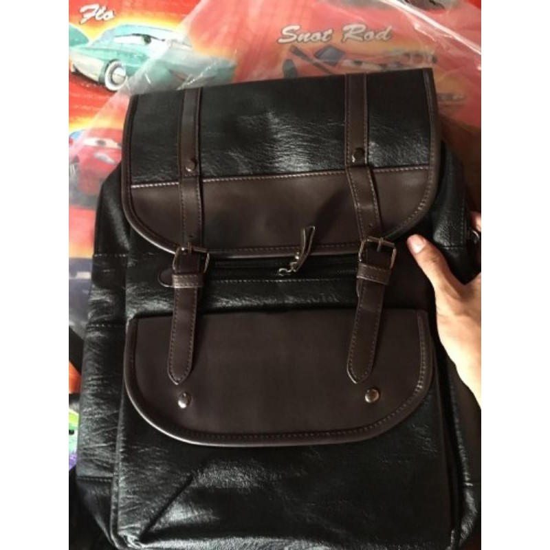 Tas Ransel Punggung Backpack Laptop Travel PU Leather Kulit tali