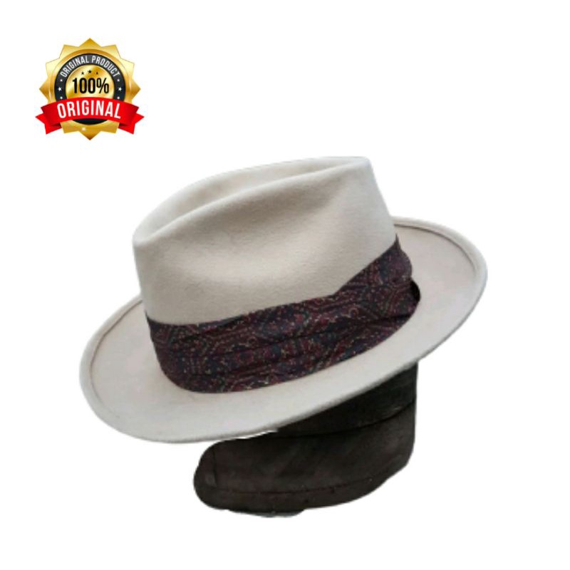 Topi Laken Fedora Putih Motif Batik Bahan Wool Import Topi Pria Original Merk The Rolling Fashin Pri