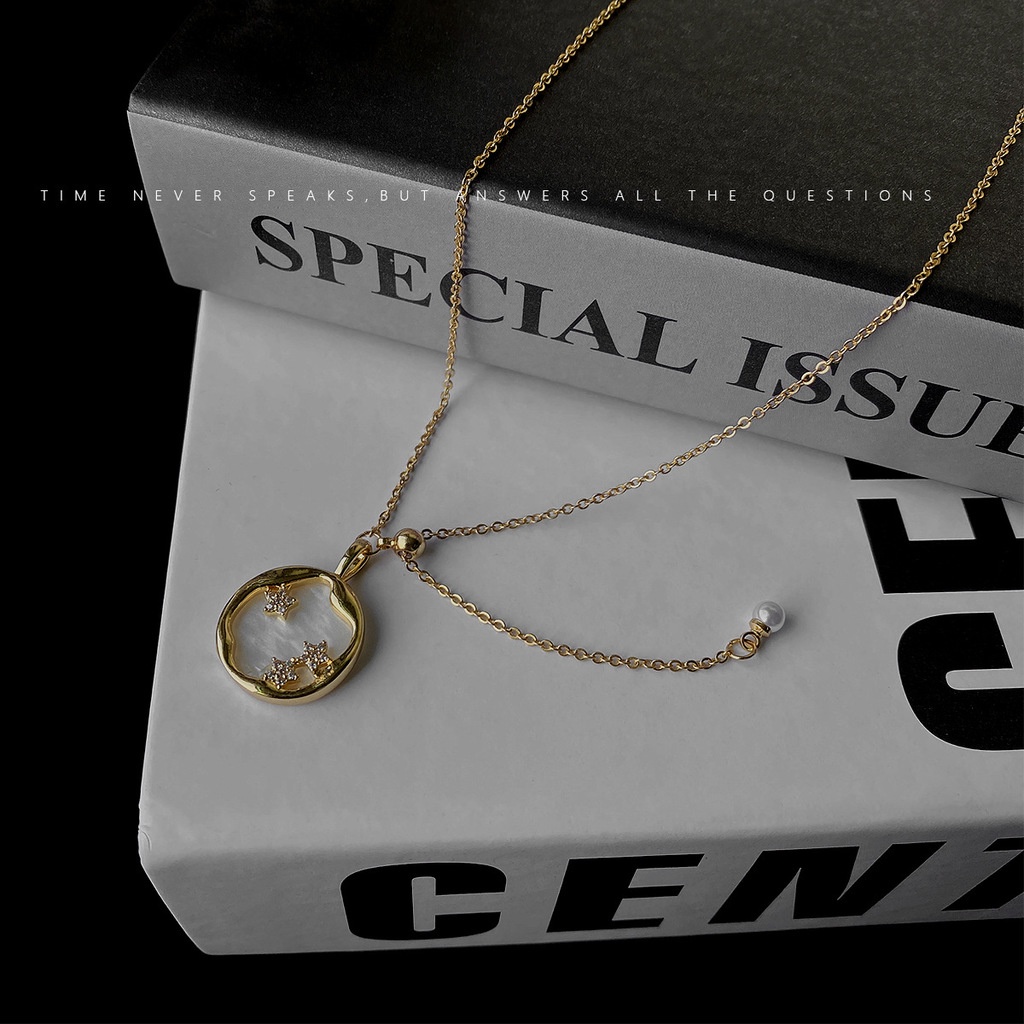 Kalung Rantai clavicle simple Gaya Korea Selatan Dengan Mutiara Bulat + Bintang Untuk Wanita