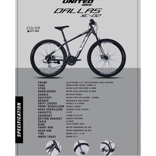 SEPEDA GUNUNG MTB UNITED DALLAS 27.5 INCH SHIMANO ALTUS 24 SPEED
