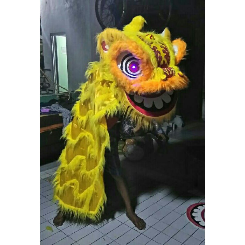 Barongsai remaja/ dewasa (60x50x45 cm), kelopak berkedip, mata nyala, jubah 1,5 meter