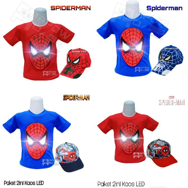 pdf paket 2in1 atasan anak laki laki dan topi motif spiderman LED bisa nyala baju kaos anak laki bisa COD