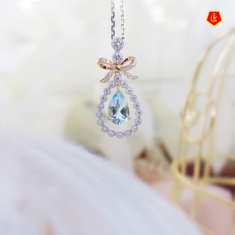 [Ready Stock]Bow Aquamarine Pendant 18K Gold Zircon Necklace Elegant Graceful