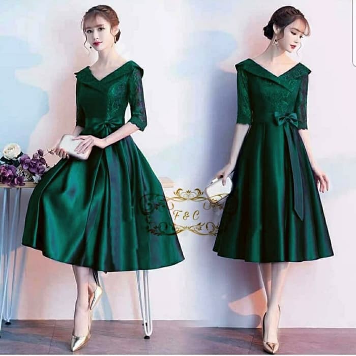 Ready Stok Party Dress Brukat Wanita 36833 Gaun Pesta Midi Br KT922 Dress V Brukat Esmeralda Hijau