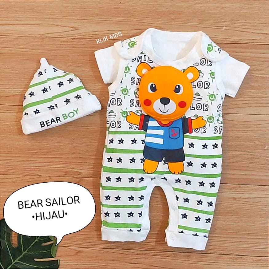 Jumper Bayi Laki-Laki 0-6 Bulan / Baju Anak Bahan Kaos Free Inner Dan Topi Motif Bear Sailor