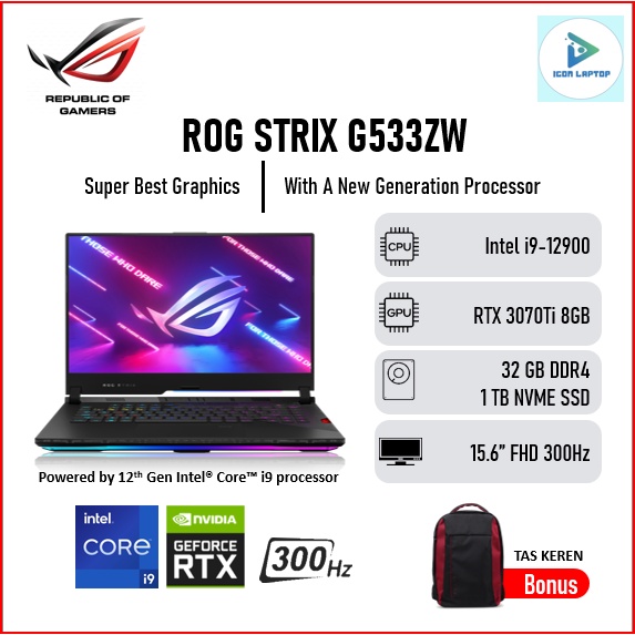 Laptop Gaming ASUS ROG STRIX G533ZW i9-12900 Ram 32GB Ssd 1TB RTX3070Ti 8GB 15.6" FHD 300Hz Win11