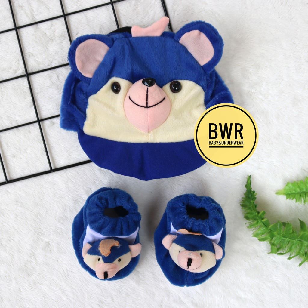 Topi Set Bulu OKIYO Character | 0-3 Bulan Topi Bayi Kaos Kaki Newborn Bulu Motif Pet - Bwr IX