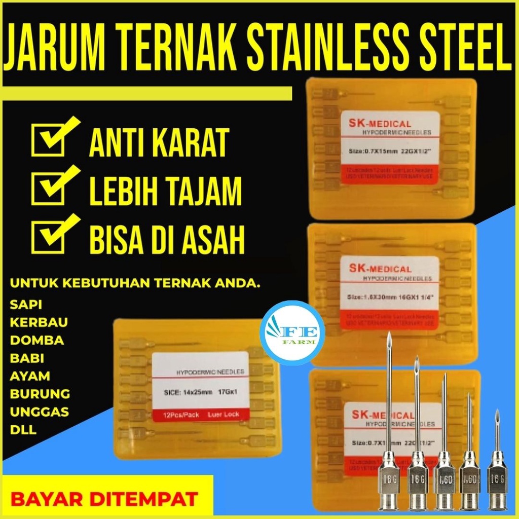 Jarum Suntik Stainless Steel Vaksin Ternak Unggas Ayam Kambing Sapi 1 box 12 buah  FEFARM