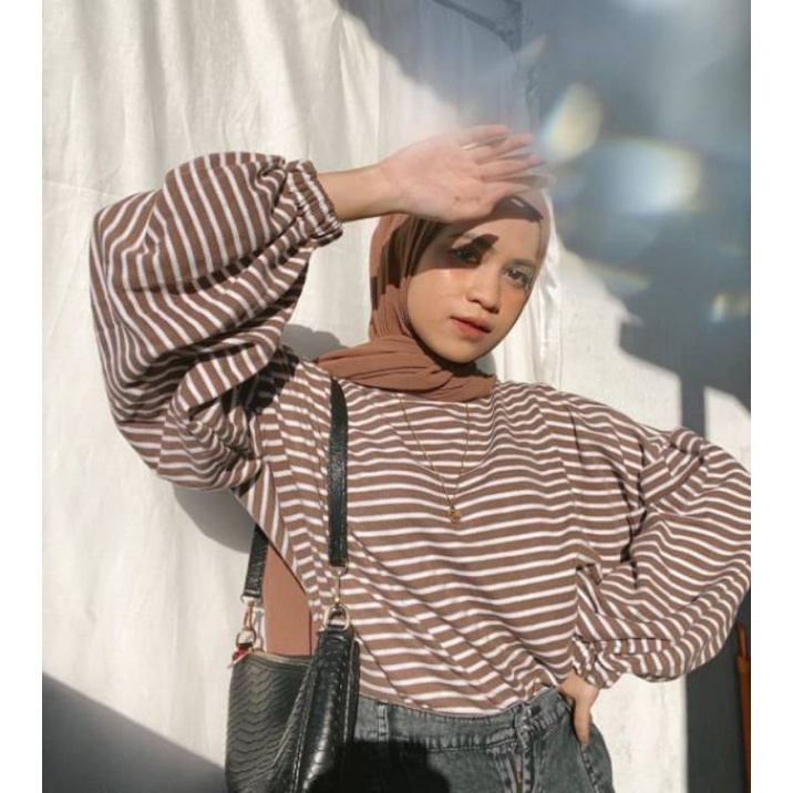 Mybamus Ballon Stripe Blouse / Blouse Lengan Balon Strip Wanita