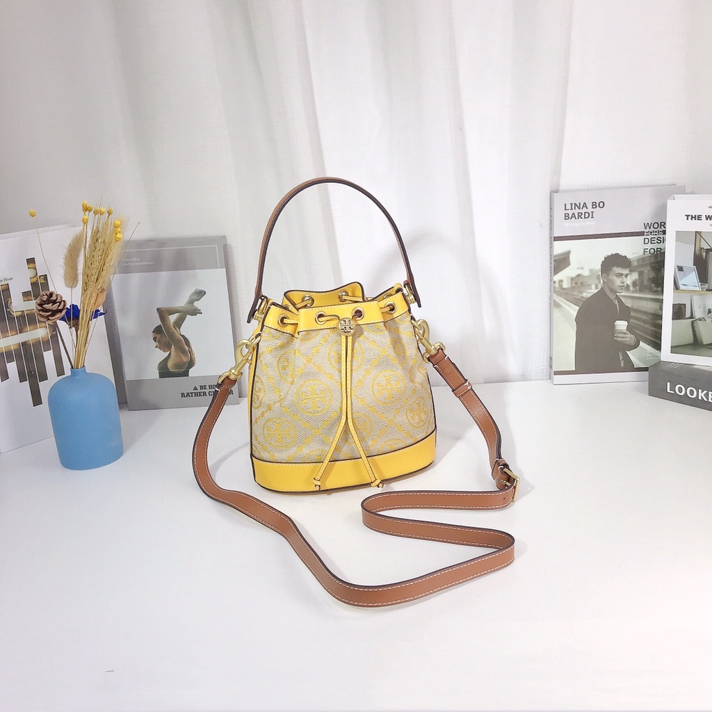 TB TAS Monogram T Jacquard Bucket Bag yellow - tory burch bucket bag