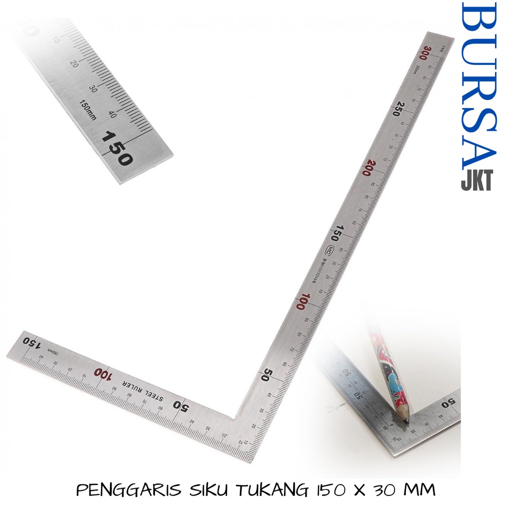 PENGGARIS SIKU 90 DERAJAT STAINLESS STEEL 15OMM X 30 CM ALAT PERTUKANGAN DUA SISI PRESISI