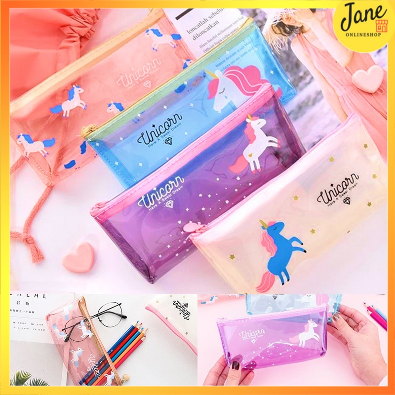 

Tempat Pensil Transaparan PVC Karakter Unicorn Make Up Zipper Case JCTP0023