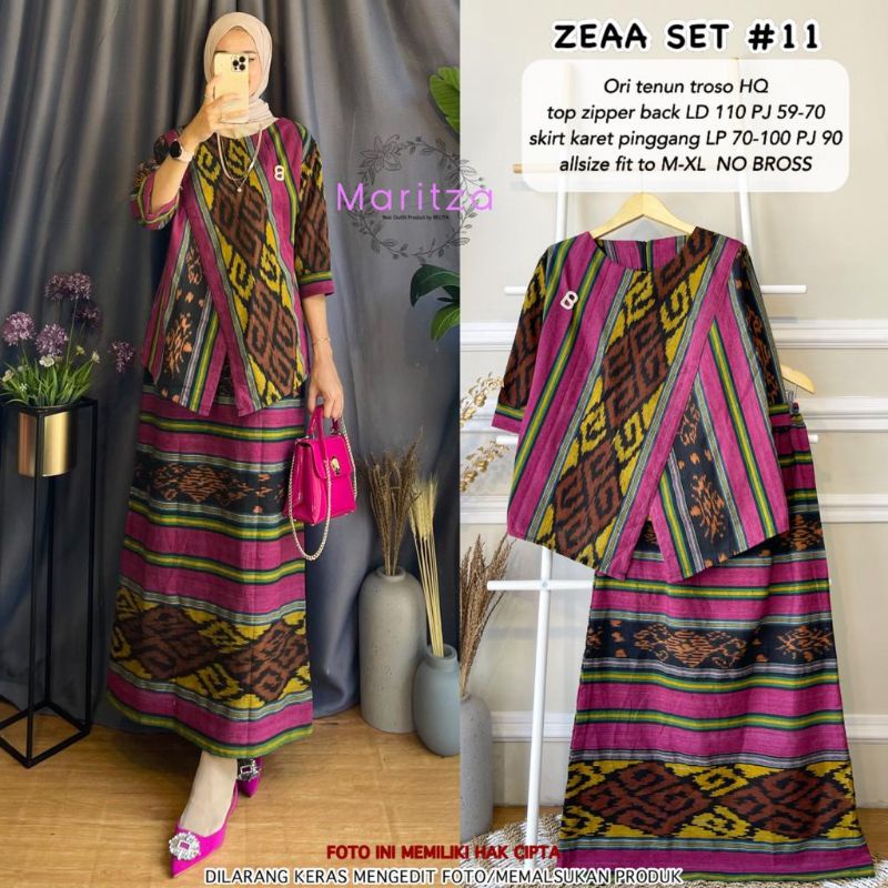 Zeea setelan rok tenun troso ori premium / top zipper back & rok pinggang karet / realpict original 