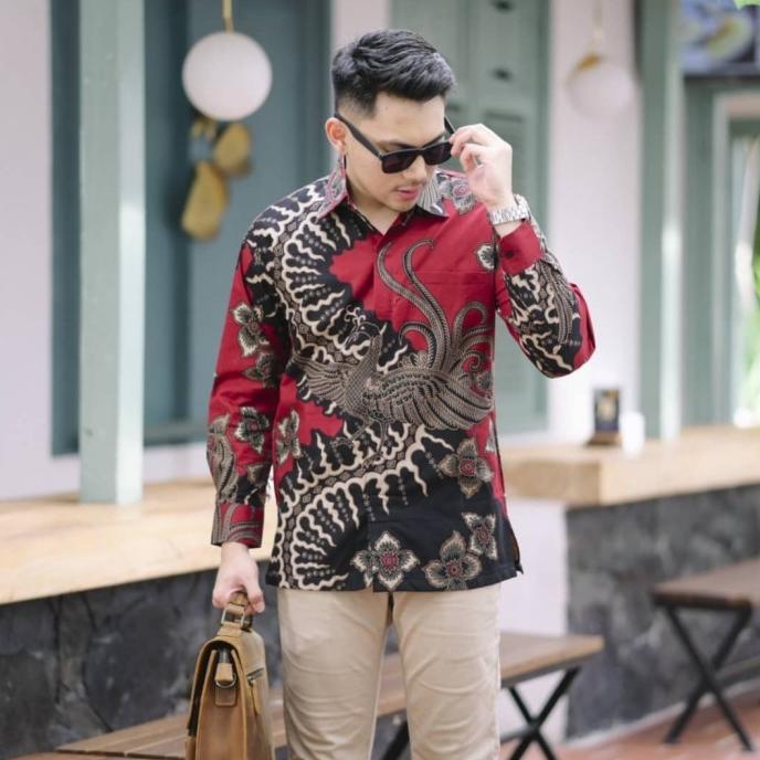 Bagus Batik Pria Panjang Furing Katun Halus Batik Merah Jumbo XXXXL