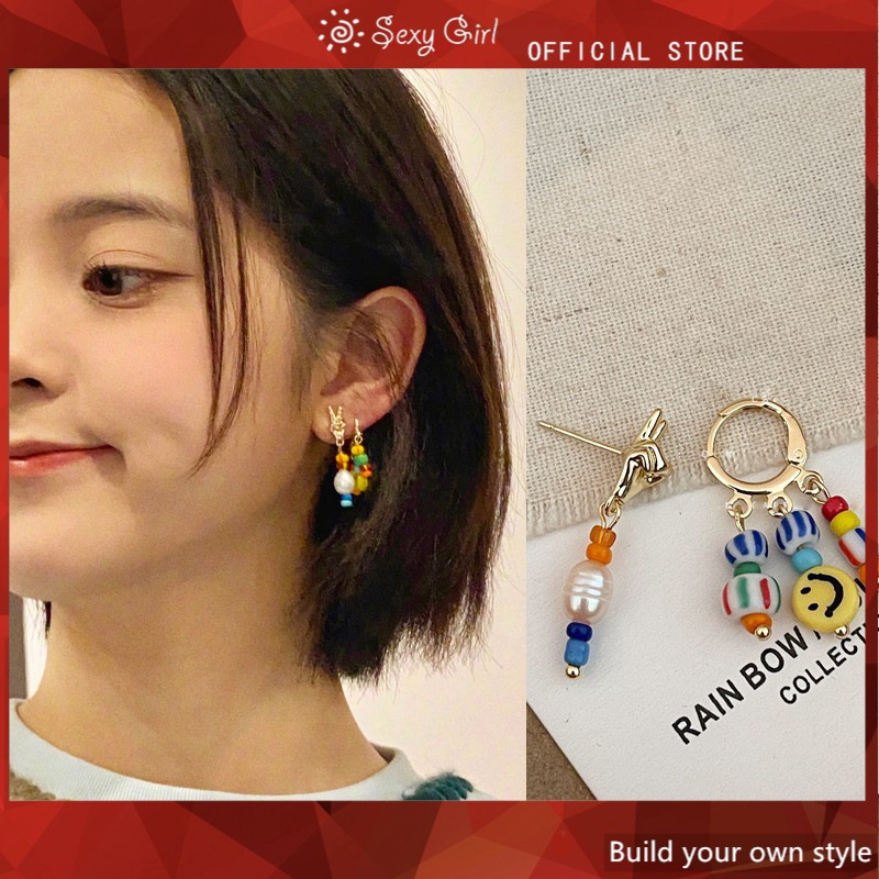 Anting Manik-Manik Mutiara Desain Kartun Smiley Asimetris Gaya Korea Untuk Wanita