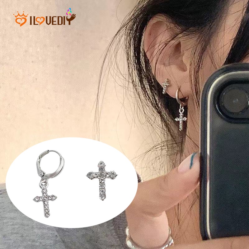 Anting Tusuk Gantung Wanita Desain Salib Hias Zircon + Kristal / Berlian Imitasi Gaya Gothic / Hip Hop Kreatif Untuk Pesta